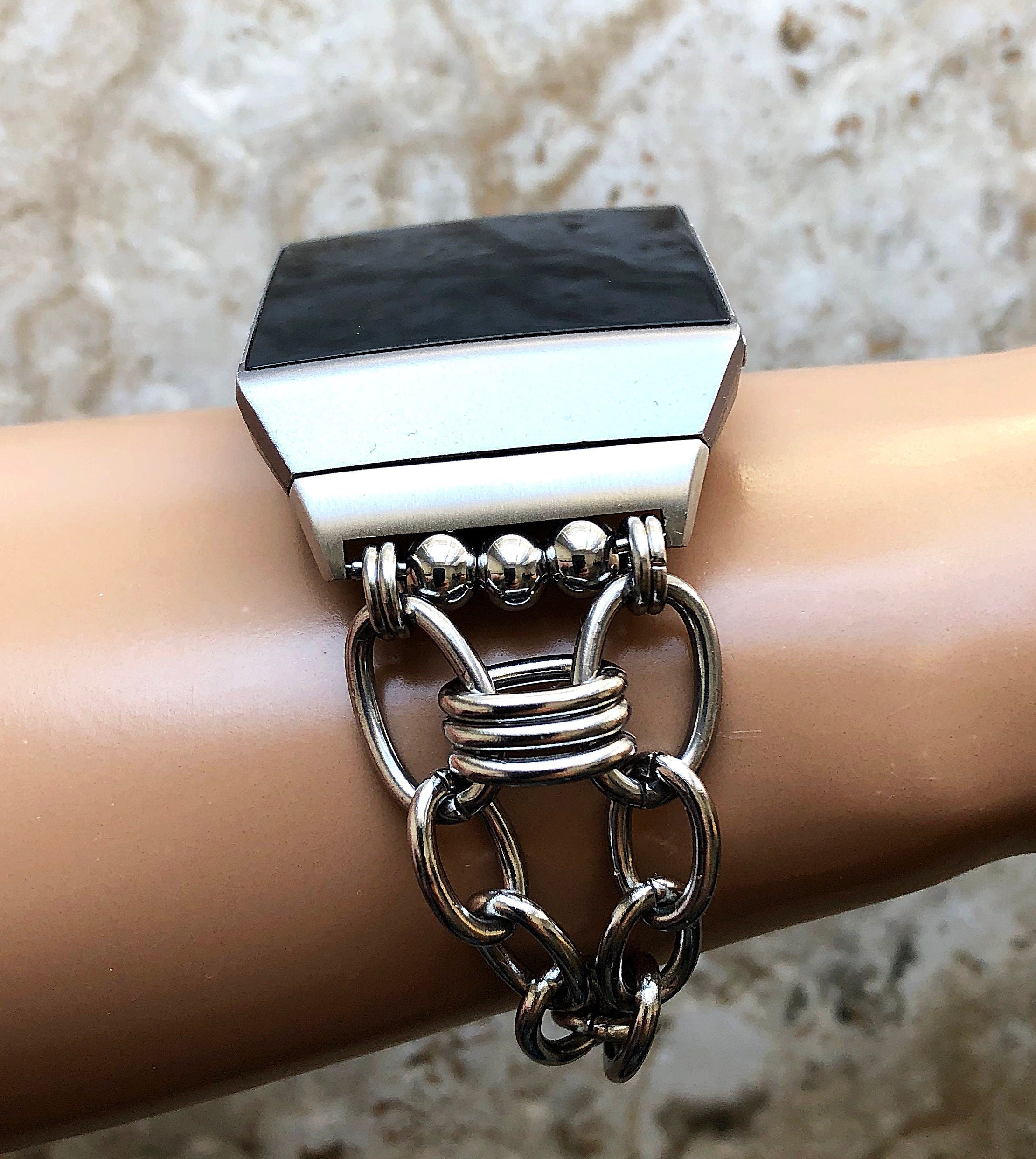 Fitbit Ionic Smartwatch Fitness Tracker Silver Color Adjustable Bracelet Band Stainless Steel Chain Links Handmade Unique Jewelry